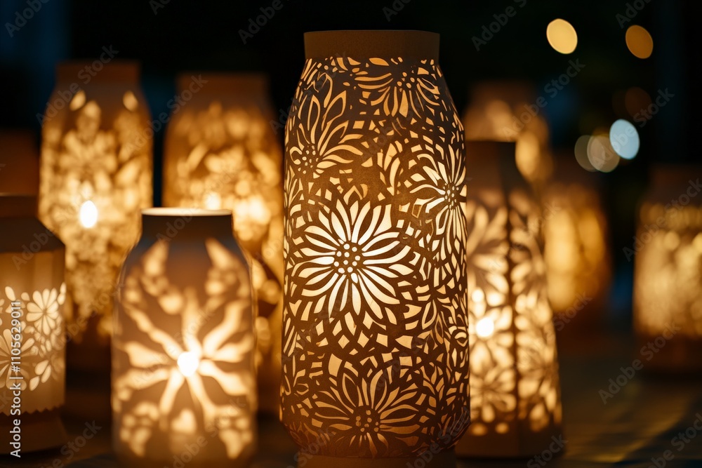 Aufkleber This image showcases glowing paper lanterns with intricate floral patterns, beautifully illuminating the surroundings, creating a warm and inviting atmosphere.