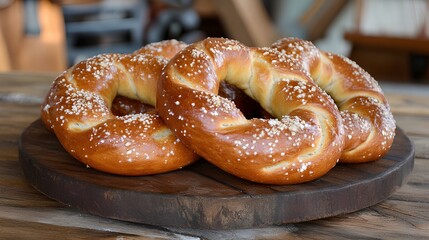 Freshly Baked Soft Pretzels with Sea Salt Arranged on a Rustic Wooden Platter, Perfect for Snacks, Parties, or Enjoying with Dips and Beverages