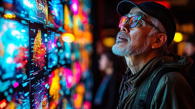 A digital transformation team reviewing advanced analytics on a large interactive display Stock Photo with side copy space