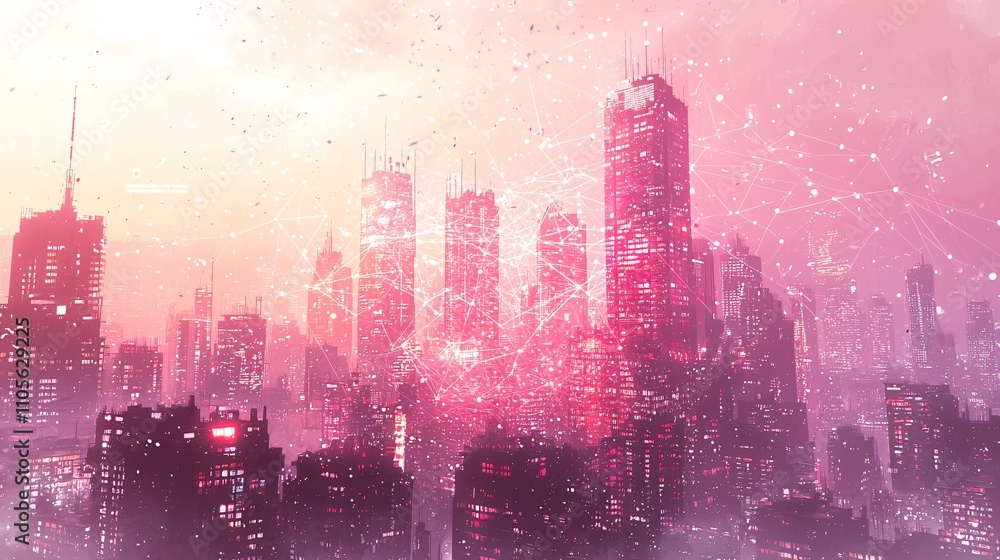 Poster an urban skyline with interconnected digital lines symbolizing smart city technology stock photo wit