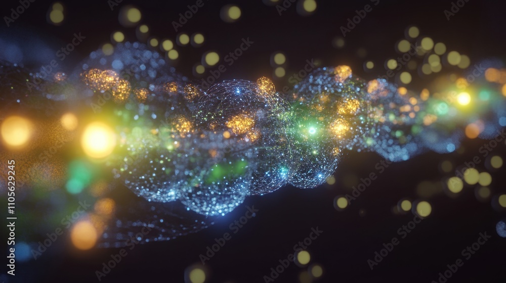 Poster a depiction of quantum systems in simulation, featuring dynamic models, entangled particles, and glo
