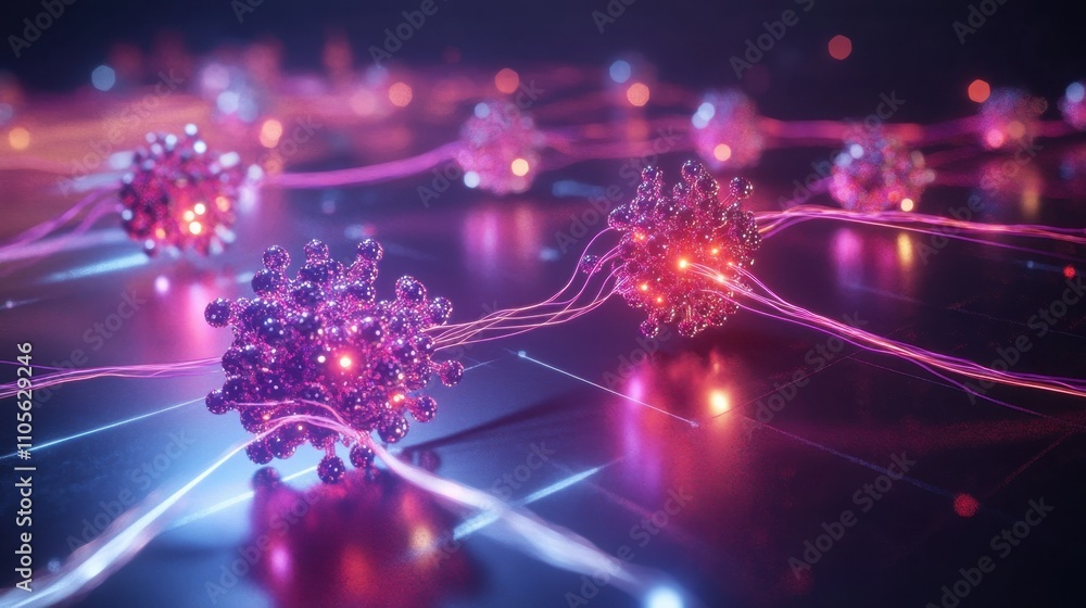Poster a depiction of quantum systems in simulation, featuring dynamic models, entangled particles, and glo