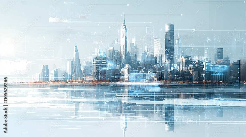 Aufkleber an urban skyline with interconnected digital lines symbolizing smart city technology stock photo wit