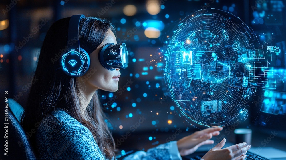 Poster A businessman interacting with a virtual assistant in a high-tech office environment Stock Photo with side copy space
