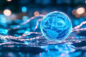 A glowing blue Earth globe floating in space, surrounded by energy lines