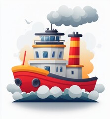 Here's a description and keywords for your image.. Cartoon tugboat sailing on ocean waves at sunset.