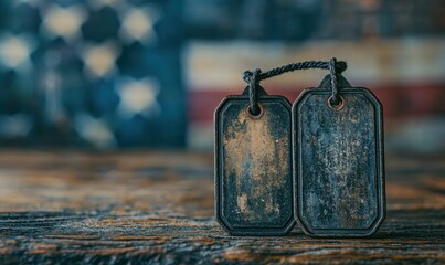 Close-up of military dog tags on rustic American flag background