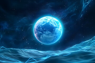 Fototapeta premium A glowing blue Earth globe floating in space, surrounded by energy lines