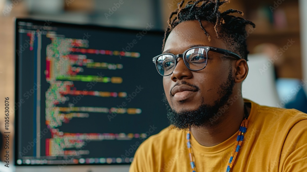 Poster A software developer coding AI solutions while monitoring data on multiple screens Stock Photo with side copy space