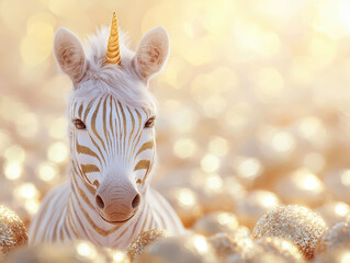unicorn inspired zebra with golden stripes and shimmering background creates magical atmosphere. This enchanting creature stands out among sparkling golden spheres, evoking wonder and joy