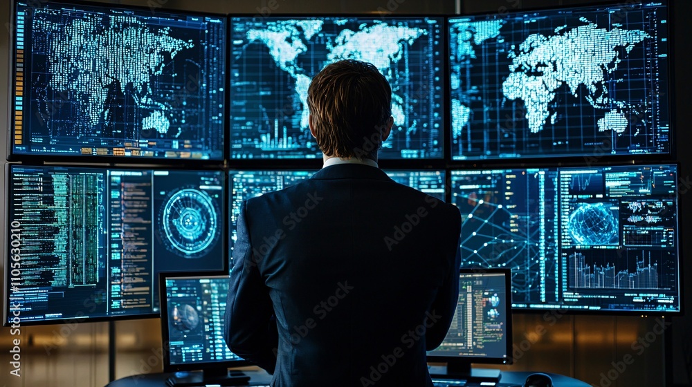 Poster A software developer coding AI solutions while monitoring data on multiple screens Stock Photo with side copy space