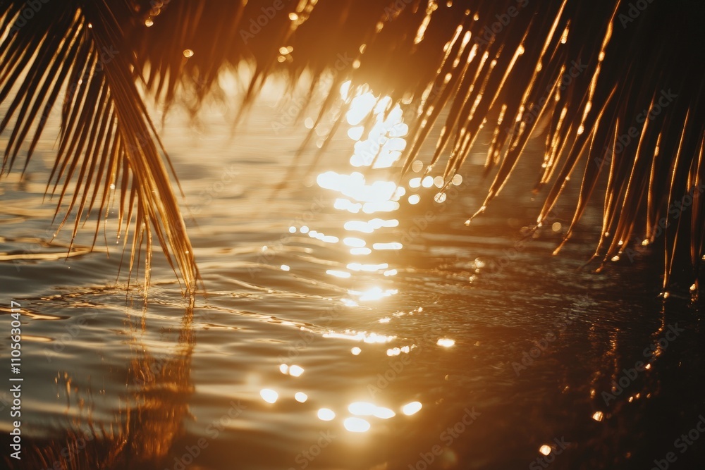 Aufkleber a stunning image capturing the interplay of golden sunlight reflecting through palm leaves onto the 