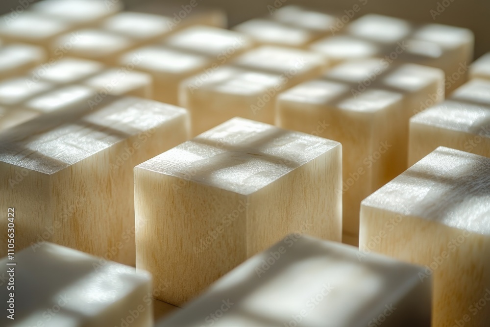 Poster this image features an array of wooden cubes placed in an orderly grid, with natural light casting a