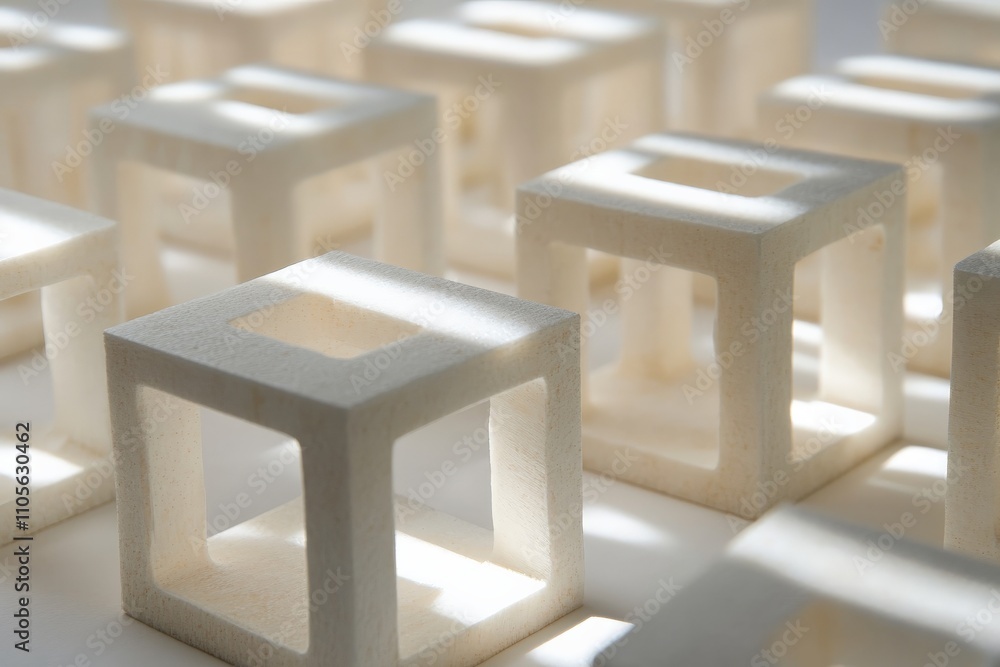 Poster intriguing hollow wooden cubes are meticulously arranged, creating fascinating patterns of light and