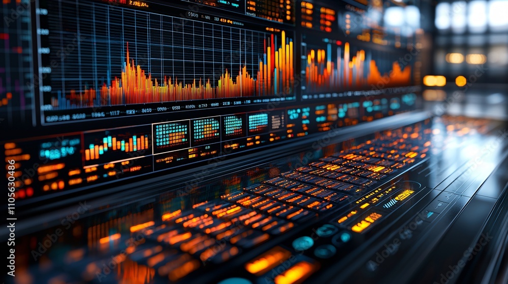 Aufkleber A futuristic interface demonstrating real-time AI data processing for business growth Stock Photo with side copy space