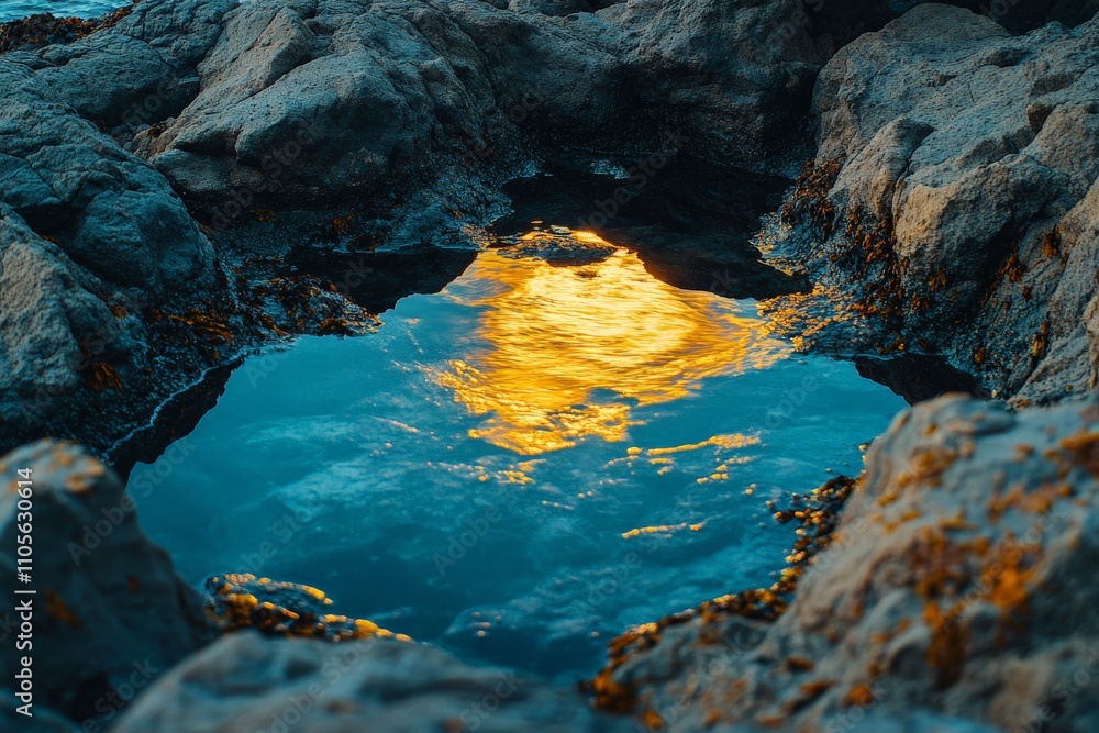 Poster the image captures the golden reflection of sunlight in a rocky tide pool surrounded by rugged rock 