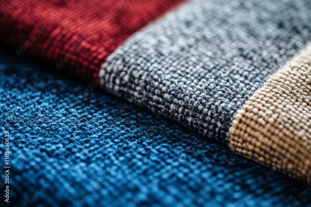 Poster this image features close-up textured fabric squares in red, blue, and beige, showcasing a blend of 