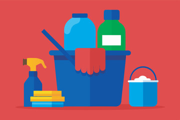 Obraz premium Cleaning supplies in a blue bucket on red background with mop, bottles, glove, brush, sponge, and liquids. Neatly arranged for cleaning tasks.