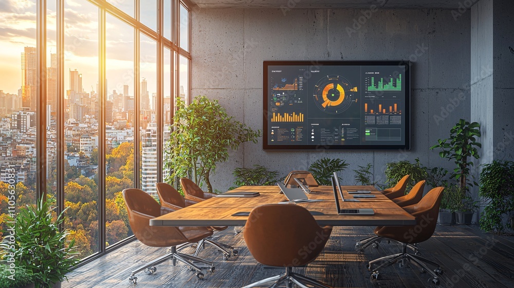 Aufkleber A high-tech boardroom equipped with AI-driven conferencing systems and digital dashboards Stock Photo with side copy space