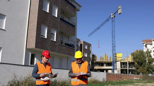 Site Engineer and Construction Supervisor Discussing Job Progress at New Apartment Building. They engage in a detailed discussion, emphasizing teamwork and collaboration in the construction process.