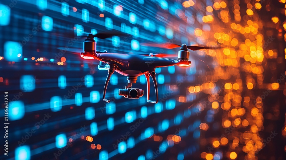 Poster a modern logistics hub showcasing ai-powered drones and autonomous vehicles stock photo with side co