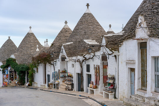 Alberobello iconic old Trullo and Trulli white houses with stone ceilings in conical shape, UNESCO World Heritage Site, Alberobello, Apulia, Italy