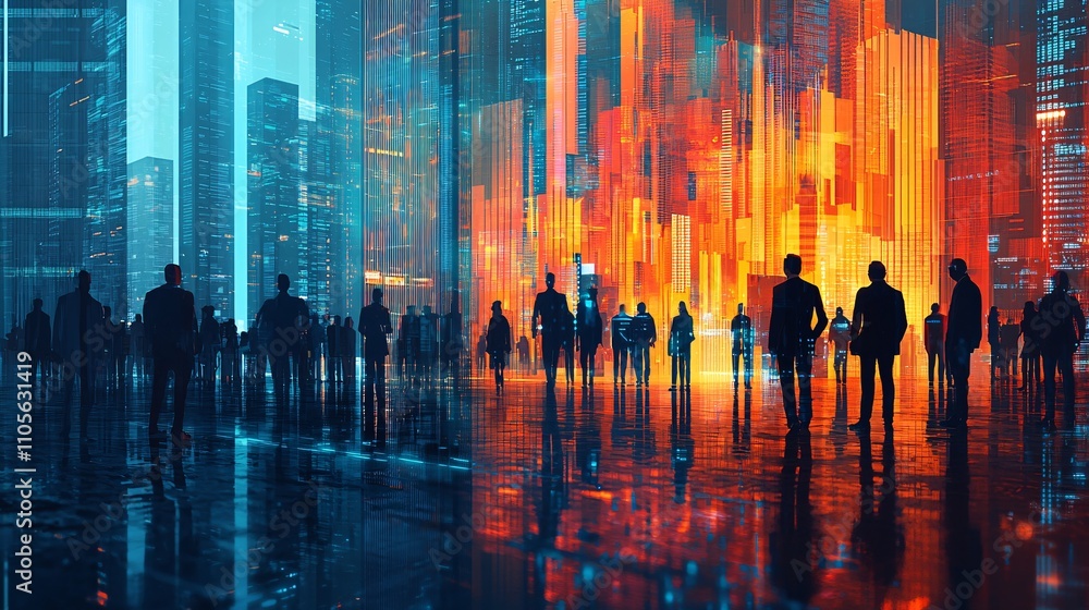 Poster a scene of ai technology transforming financial services in a bustling fintech environment stock pho