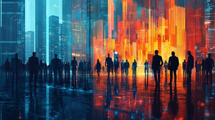 A scene of AI technology transforming financial services in a bustling fintech environment Stock Photo with side copy space