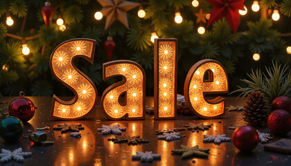 "Glowing SALE letters with Christmas lights and holiday decor"