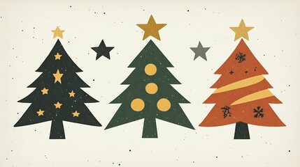 Obraz premium Three Stylized Christmas Trees with Stars and Ornaments