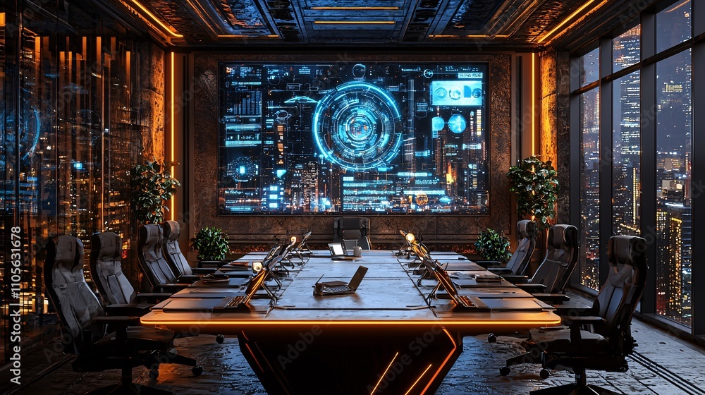 Poster a futuristic meeting room where professionals engage with holographic data visualizations stock phot