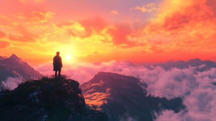 Fototapeta premium Traveler standing on a hilltop looking at a vibrant AI generated illustration