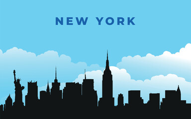 Obraz premium New York. Black silhouette of the city skyline. Vector on the background of blue sky with white clouds