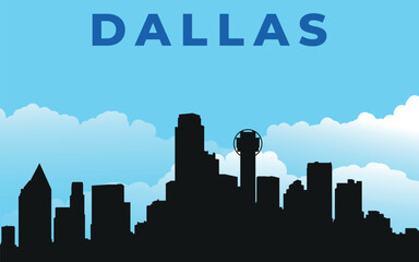 Dallas. Black silhouette of the city skyline. Vector on the background of blue sky with white clouds