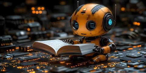 A robot is intently reading a book. Every letter it sees seems to be absorbed by its processor, pushing it beyond the limits and becoming an AI with intelligence that is increasingly close to humans.