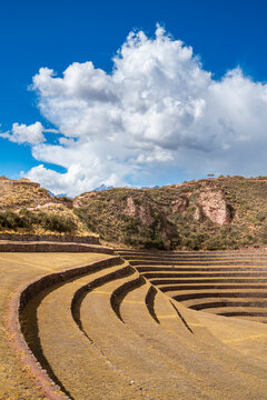 Ancient Inca terrace fields at Moray, Maras, Sacred Valley, Cuzco Region, Peru