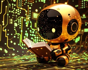 Fototapeta premium A robot is intently reading a book. Every letter it sees seems to be absorbed by its processor, pushing it beyond the limits and becoming an AI with intelligence that is increasingly close to humans.