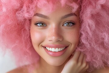 Fototapeta premium Smiling young african female with pink curly hair and freckles.