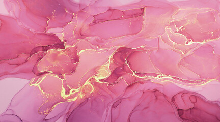 Art wall painting pink burgundy toned and golden splashes.
