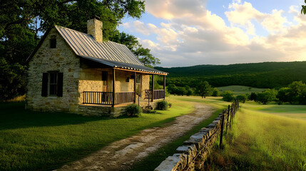 Obraz premium A Tranquil Hill Country Home Embodying Natural Beauty and Contemporary Design Amidst Breathtaking Landscapes