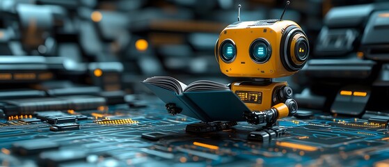 A robot is intently reading a book. Every letter it sees seems to be absorbed by its processor, pushing it beyond the limits and becoming an AI with intelligence that is increasingly close to humans.