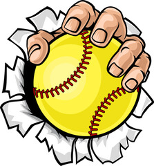 A hand mascot holding yellow softball ball