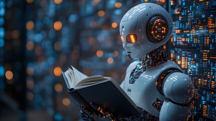 A robot is intently reading a book. Every letter it sees seems to be absorbed by its processor, pushing it beyond the limits and becoming an AI with intelligence that is increasingly close to humans.
