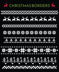 Set of simple Christmas themed seamless borders, divider graphics in pixel knit style including holly border, deer pattern, Christmas trees and hearts