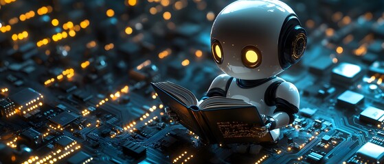 A robot is intently reading a book. Every letter it sees seems to be absorbed by its processor, pushing it beyond the limits and becoming an AI with intelligence that is increasingly close to humans.