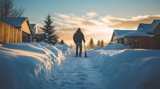 Man shoveling snow off his driveway and cleaning the sidewalks after a winter storm. The man is using a snow shovel to clear snow and ice in the cold winter season, making pathways for safe walking