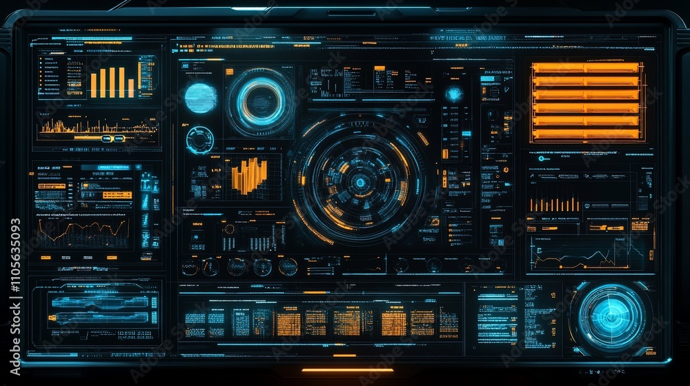 Poster Futuristic digital interface with graphs and data.