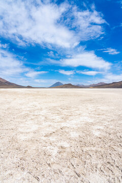 El Misti and Chachani volcanoes seen from salt flats of Salinas y Aguada Blanca National Reserve, Arequipa Region, Peru