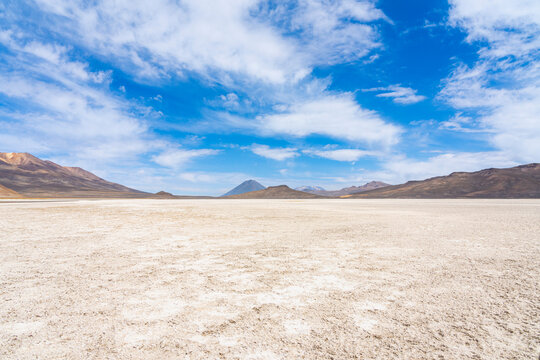 El Misti and Chachani volcanoes seen from salt flats of Salinas y Aguada Blanca National Reserve, Arequipa Region, Peru