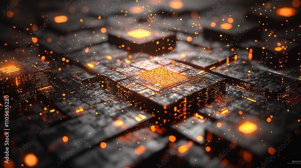 Poster A futuristic cityscape with blockchain technology symbolized by glowing digital pathways Stock Photo with side copy space
